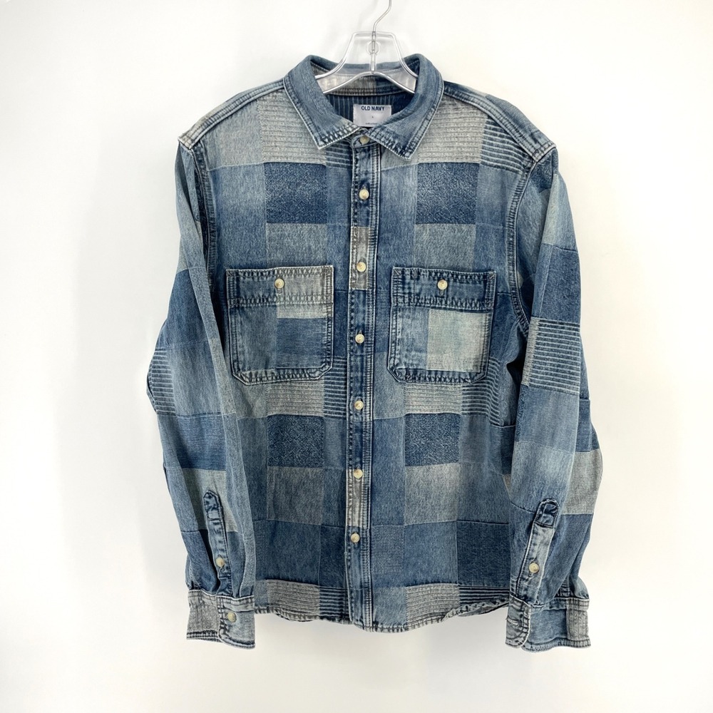 VTG Old Navy Mens L Patchwork Denim Button Down Shirt Blue Long Sleeve Cotton
